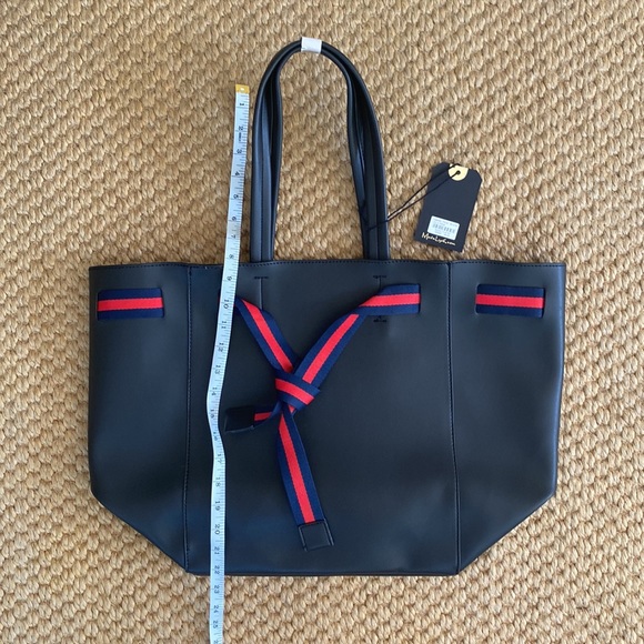 NWT Moda Luxe Black Dutchess Tote Bag - black with red and navy striped ribbon - Picture 6 of 7